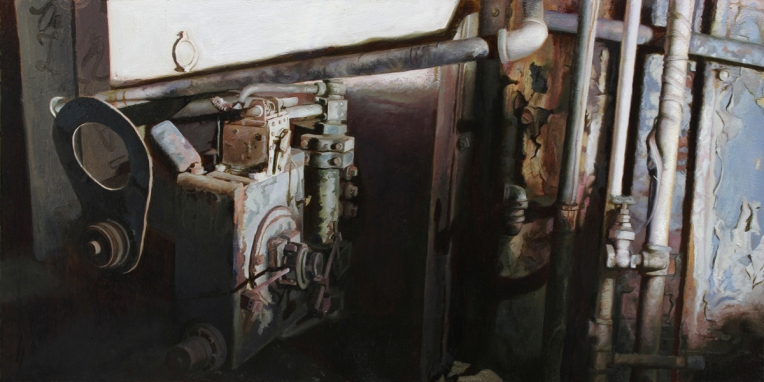 The metal box and pipes, oil on mylar, 6 x 12 inches, 2014 WEB